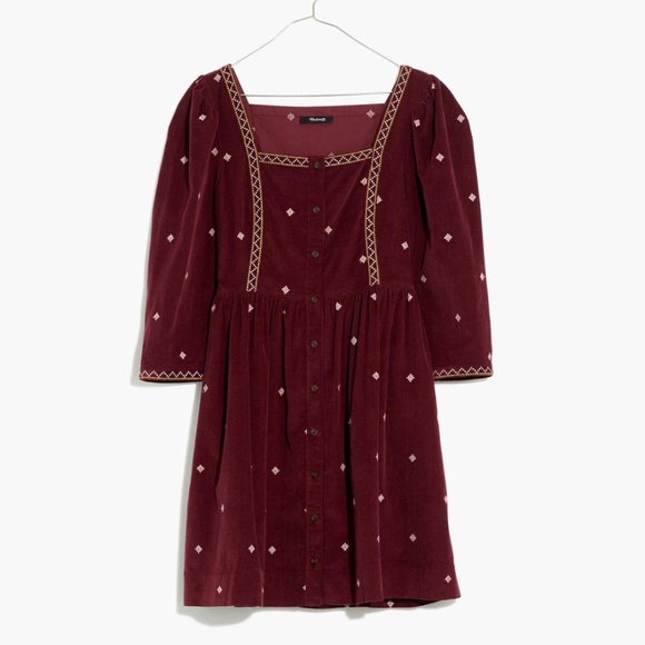 [NWOT] Madewell Embroidered Corduroy Button Front Mini Dress Dark Fig Dress - Picture 1 of 5
